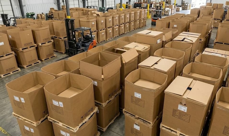Gaylord boxes stacked in warehouse with forklift